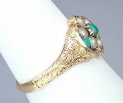 Pretty Antique Victorian 15K Gold Turquoise Pearl Floral Engraved Ring 1869 5.75