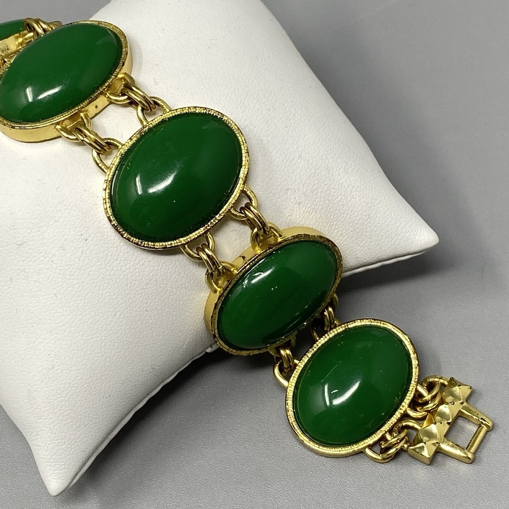Gold Tone Link Bracelet Green Acrylic Cabochon Wide Fold Over Clasp Retro 6.25″