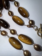 Necklace 2 Strand Tiger’s Eye Cultured Pearl Vermeil Toggle Clasp Vintage Unused
