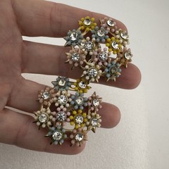 Vtg LOT 3 pr Earrings Clip On Rhinestone Pastel Flower Floral Enamel Plastic