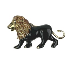 Lion Brooch Pin Gold Tone Black Enamel Cutout Mane 2 3/4″ (L) 1 3/4″ (H) VTG EX