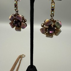 Vintage Purple Jewelry Set 3 Piece Floral Pendant Clip-On Earrings Set Blue Bead