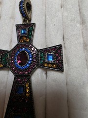 Swarovski Vintage Multi-Color Bronze Cross Pendant 3″ Lrg Detailed Bail one Chip