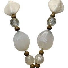 White Shell Necklace Large Pendant Statement 19″ Icy Glass Beaded Bohemian