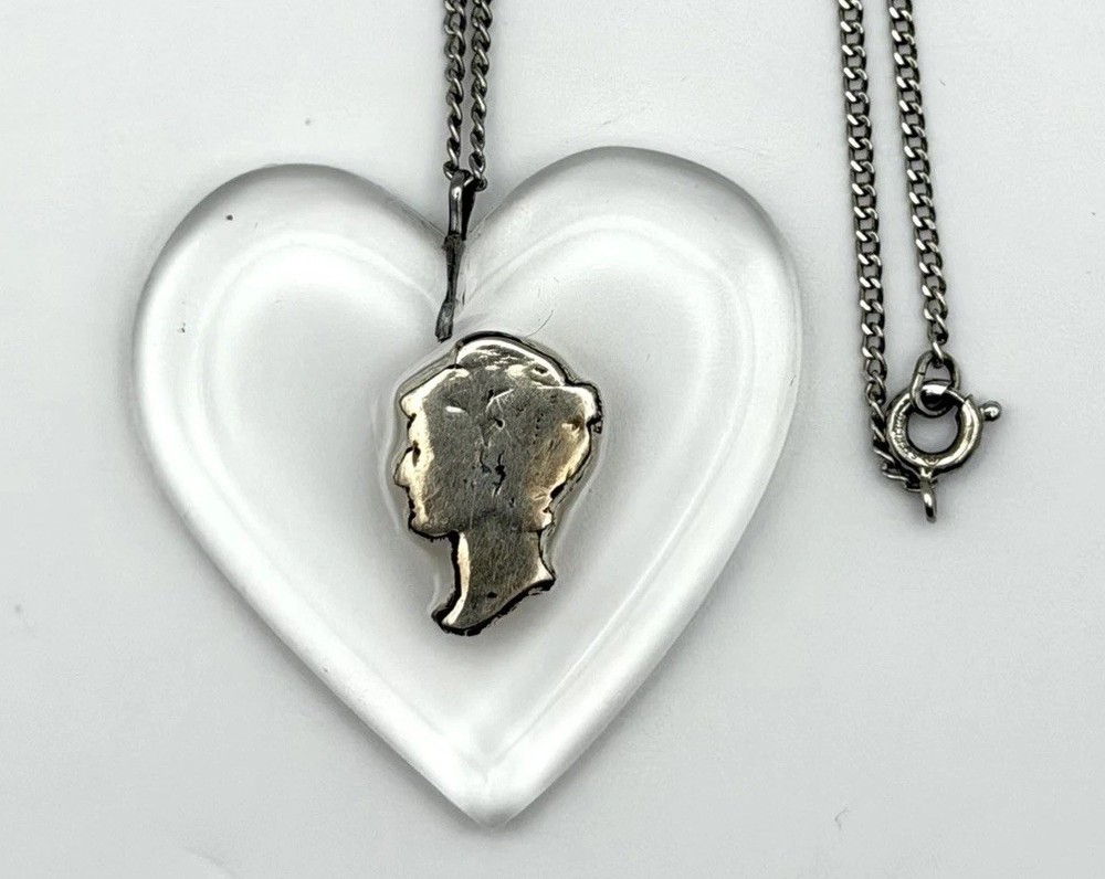 Vintage Mercury Dime Lucite Heart Necklace Sterling Silver 18” Chain Sweetheart