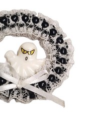 Vintage Handmade Amscan Ghost Round Wreath Pin Brooch Black & White Halloween