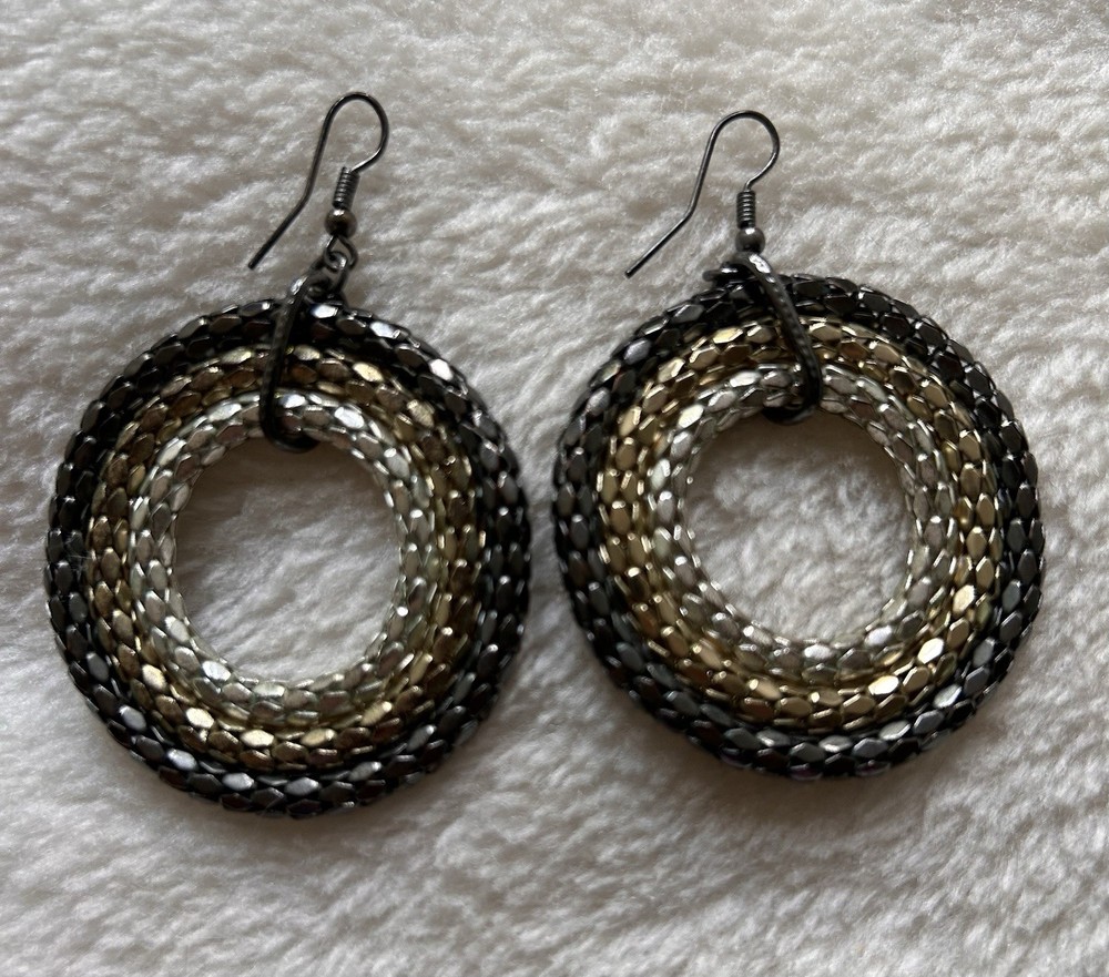 70s Metallic 3 Circle Dangle Statement Earrings- Silver & Gold~ 1-3/4” Circular