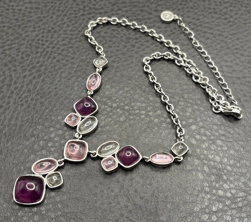 Napier 80s 90s Purple Pink Cabochon Station Silver Tone Necklace 16-18”