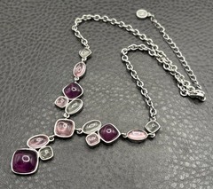Napier 80s 90s Purple Pink Cabochon Station Silver Tone Necklace 16-18”