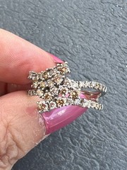 VINTAGE 14K WHITE GOLD CHAMPAGNE & WHITE DIAMONDS SPRAY CROSSOVER COCKTAIL RING