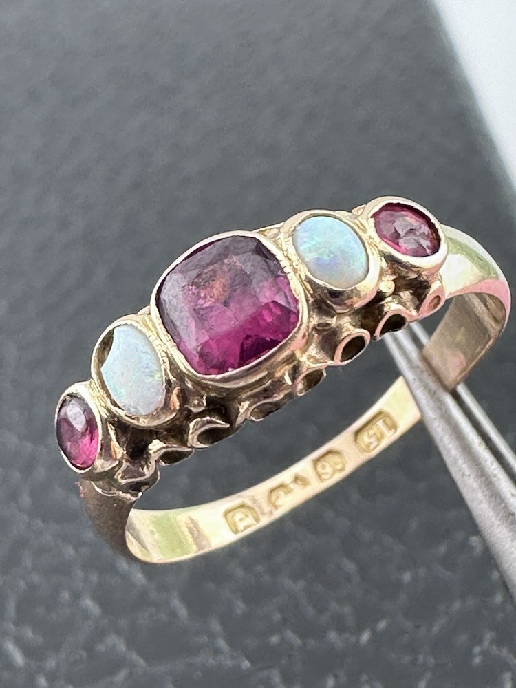 15k Gold Antique 5 Stone Ring Victorian Opal Pink Stones English Hallmarked 1864