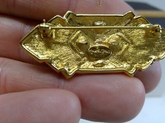 Vintage Signed Jackie Collins Gold Tone Metal Black Enamel & Rhinestone Brooch