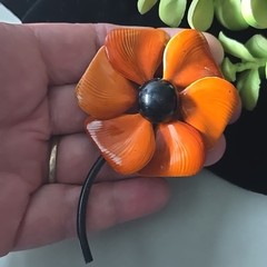 Vintage Enameled Orange/Black Flower Pin Brooch