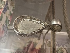 Vintage Scroll Design Silver Tone Faux Abalone Teardrop Pendant 1 3/4”