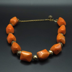 Vintage Orange Amber Bakelite Chunky Geometric Floral Bead Necklace Tested 15.5″