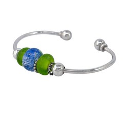Vintage Sterling Silver 925 | Green Blue Glass Ball Tip Cuff Bracelet | 7″