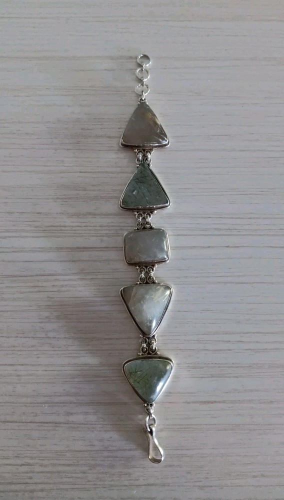 Vintage Silver Rutilated Quartz Triangle Shaped Stones Link Bracelet 8″
