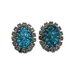 Vintage Earrings Big Molded Glass Cabochon & Rhinestone Judy Lee 1950s Sparkle