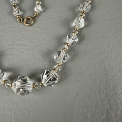 Vintage Necklace Clear Faceted Crystal Beads Gold Tone Graduated 15″