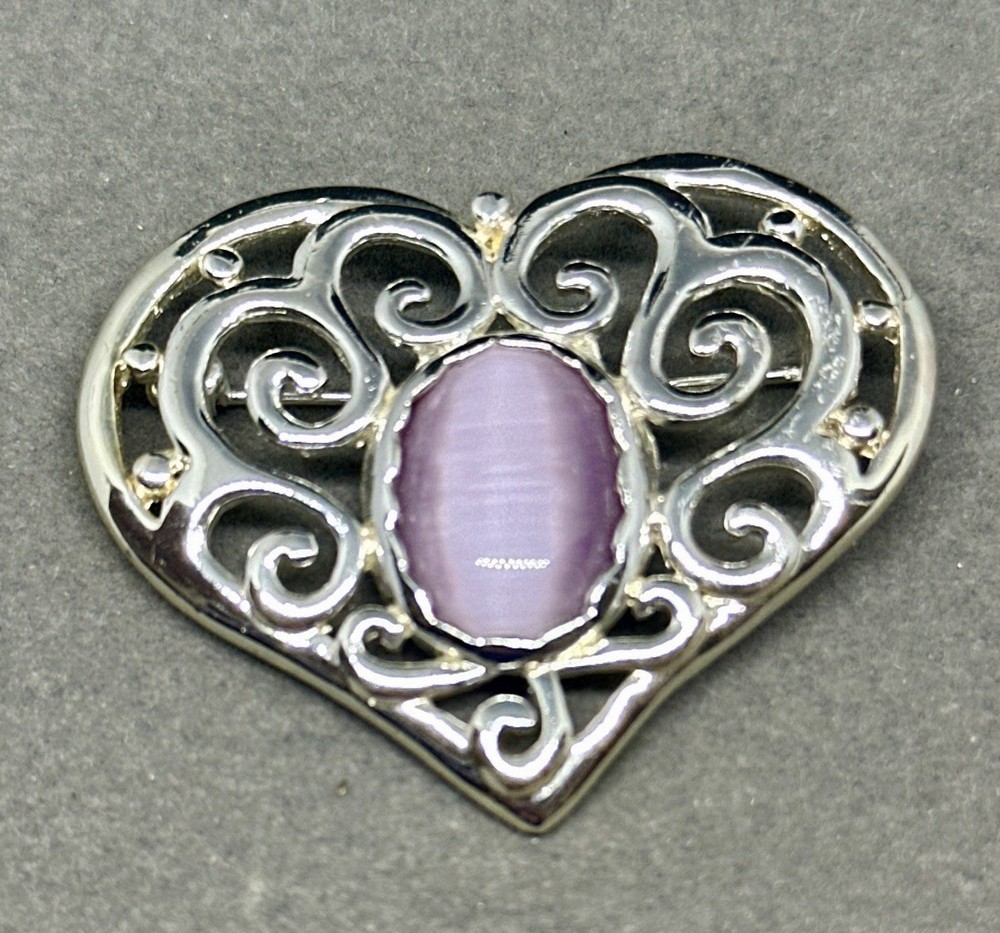 Signed AAI Silver Toned Filigree Heart Purple Stone Brooch