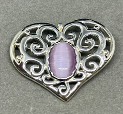 Signed AAI Silver Toned Filigree Heart Purple Stone Brooch