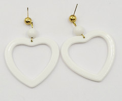 White Heart Open Center Bead Drop Dangle w Ball Stud Gold Tone Vintage Earrings