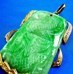 Original EARTH MINED Antique Green JADE DRAGON Pendant 14K GOLD Deco Luck Gift