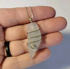 Studio Art White Clear Frosted Seaglass 925 Silver Wrap Pendant Necklace 18″