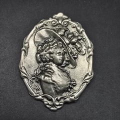 Art Nouveau Pewter Victorian Woman Brooch Silver Plated