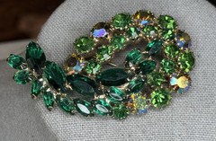 Vintage Brooch Green Marquise and Aurora Borealis Rhinestones AB Prong Set