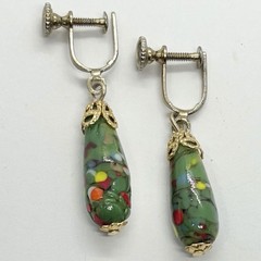 Vtg Japanese Green Millefiori Glass Teardrop Dangle Statement Earrings Screwback