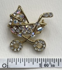 Baby Stroller Brooch Pin Pink AB Rhinestone Crystal Silver Tone Shower Gift