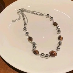 Vintage Brown Stone Pendant Necklace, Leather Choker, Retro Hip Hop Jewelry