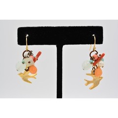 Vintage Beaded Earrings Dove Bird Brushed Gold Tone Multi-Color Dangle BinAB