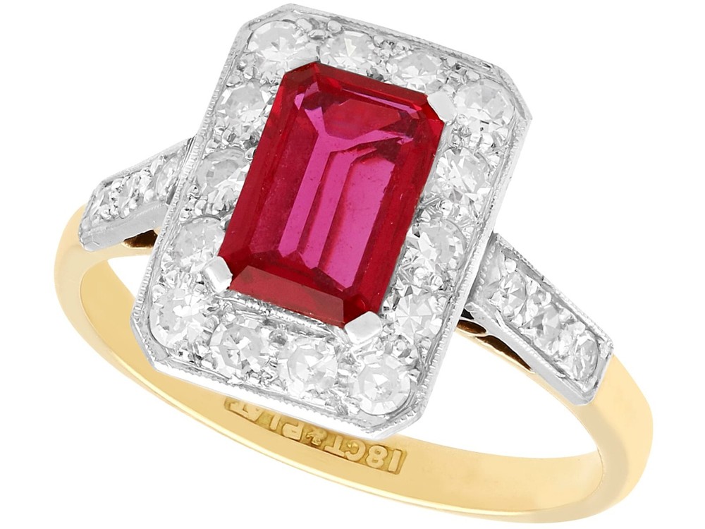 Antique Synthetic Ruby and 0.78 Ct Diamond, 18k Yellow Gold Dress Ring