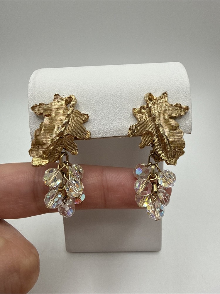 Gold Tone Maple Leaf Clear AB Crystal Dangle Bead Clip On Earrings