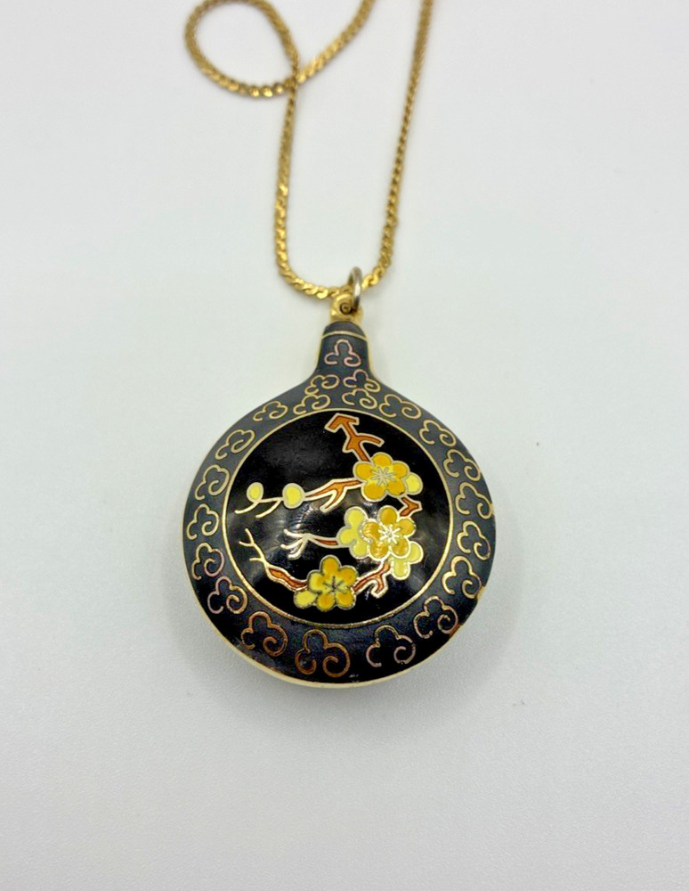 Vintage Cloisonne Pendant Necklace Double Sided Black Floral Gold Tone Enamel