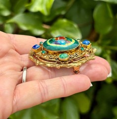 HATTIE CARNEGIE Foil Art Glass Green Blue Cabochons, Rhinestone Pendant Brooch