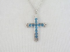 Vintage Sterling Silver 925 Heated London Blue Topaz Cross Pendant Necklace