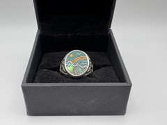 Vintage 925 Sterling Silver Abalone Turquoise Rainbow Inlay Ring Sz 9 9.3g