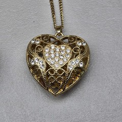 Vintage Heart Necklace Lot Filigree Rhinestone Statement Gold Silver Tone 1.5in