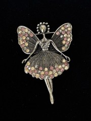 Vintage Fairy Angel Rhinestone Brooch Pin Pink Yellow Crystal Silver Tone
