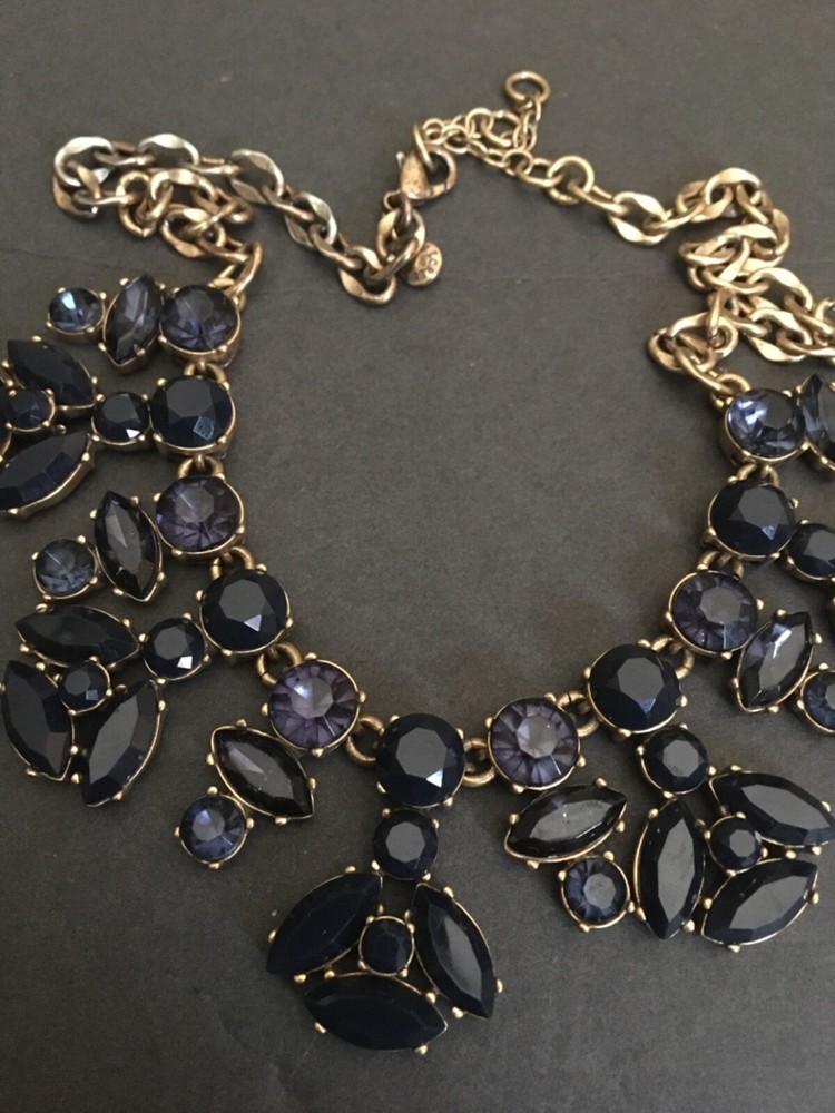 Y2K VTG J.CREW DEEP BLUE LUXE LUCITE CRYSTAL NAVETTE CHOKER BID NECKLACE GOLD