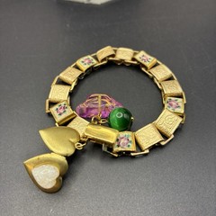 Czech Glass & Faux Opal Heart Locket, Vintage Mix Victorian Book Chain Bracelet