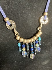 Bohemian Style Necklace Brass Toned Metal, Blue Leather, Drop Beads