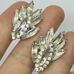 Vtg Clear Navette Rhinestone Silvertone Statement Earrings Clip-on Earrings