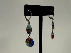 VTG Millefiori Art Glass Round Beaded Dangle Drop Pierced Earrings 1.5” Hook