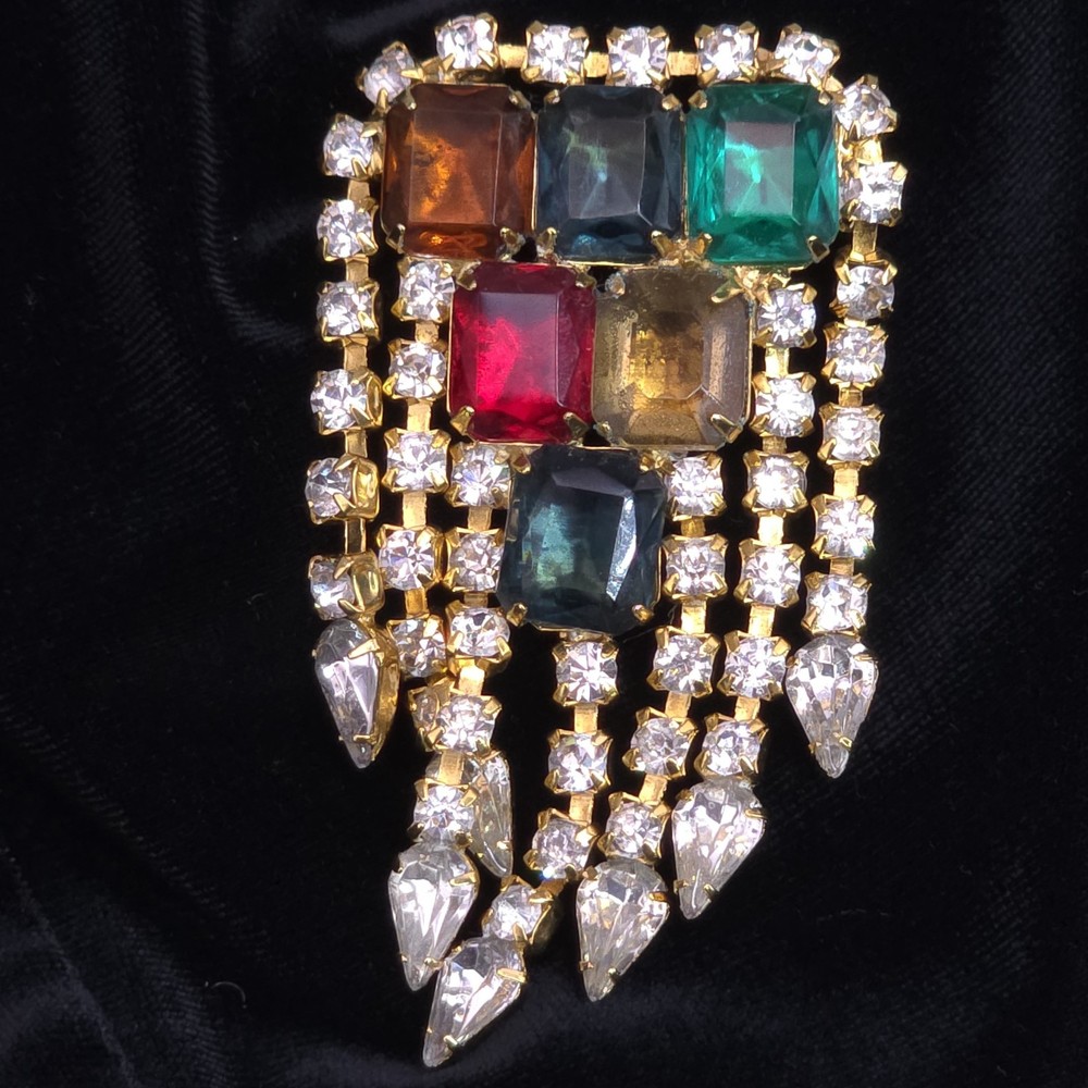 Vintage Color Block Large Rhinestone Chandelier Dangle Brooch Gold Tear Drop
