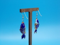 Vintage Cloisonné Blue Enamel Koi Fish Dangle Articulated Earrings French Wire