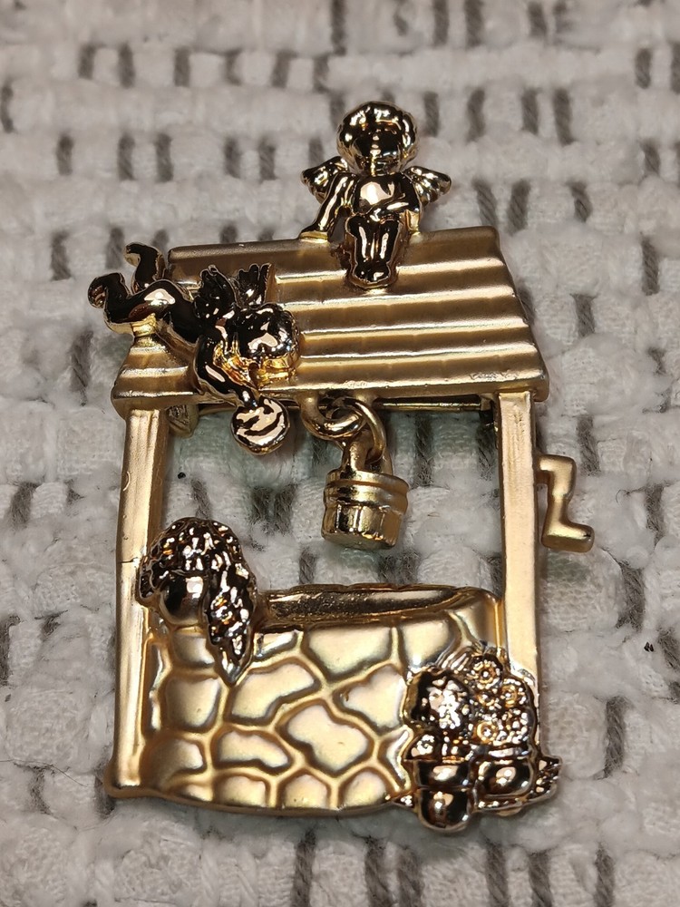 AJC Vintage Angels Wishing Well Dangle Accent Bucket Brooch Pin